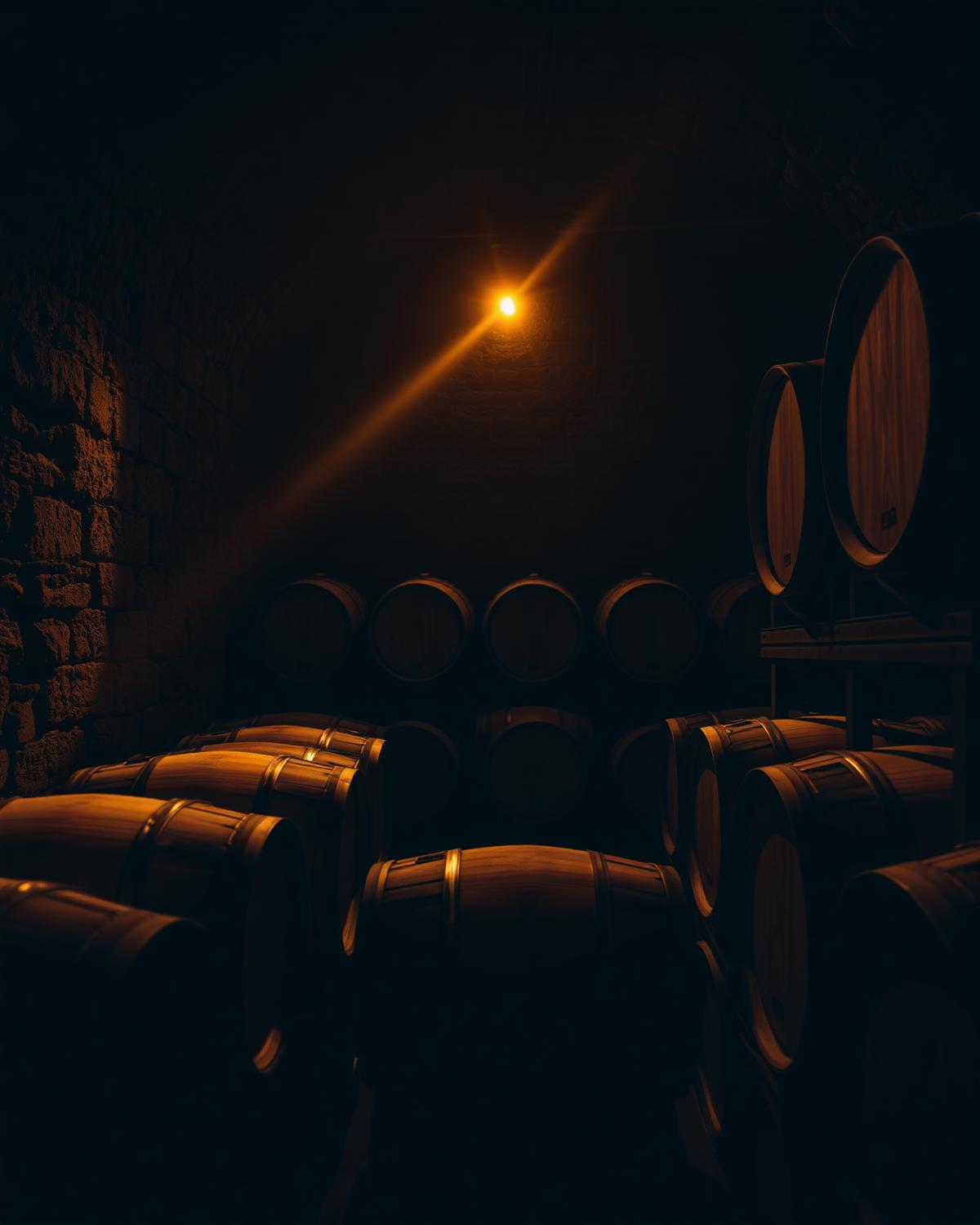 Fûts de chêne alignés dans une cave